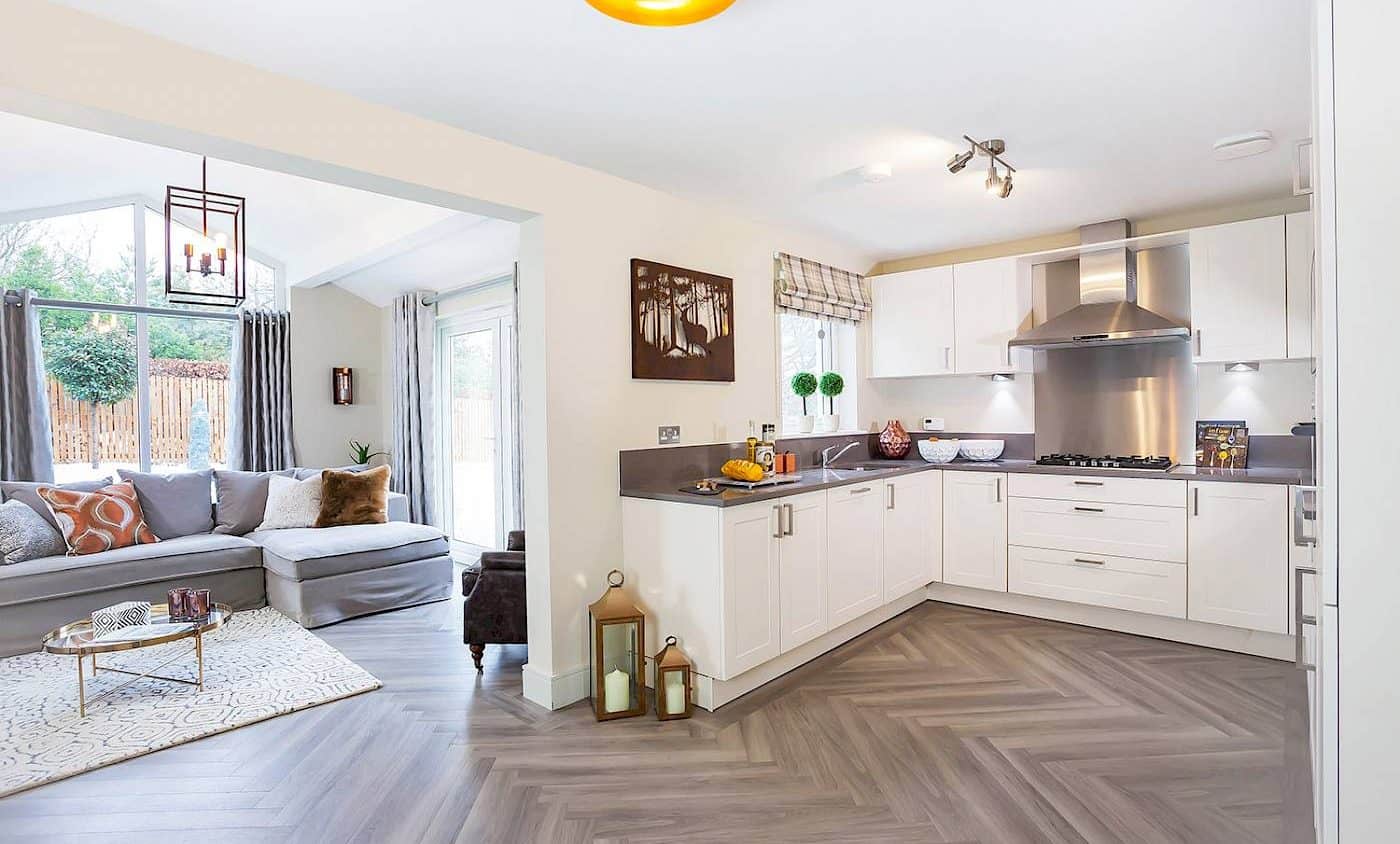 open kitchen with stylish herringbone floor