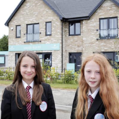12-year-olds Skye McConnachie and Evie Wilson (left) at the Robertson show home in Low Coniscliffe near Darlington.